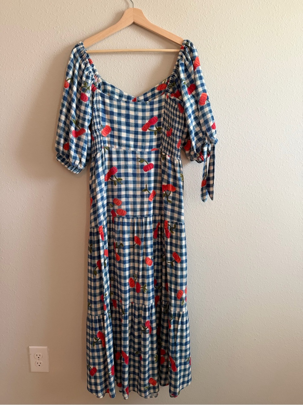 FARM Rio Blue and White Gingham Maxi Dress with Red Floral Accents - Picture 6 of 10